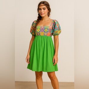 Smak Parlour Lime Green Crochet Print Puff Sleeve Tie Back Dress Size M‎